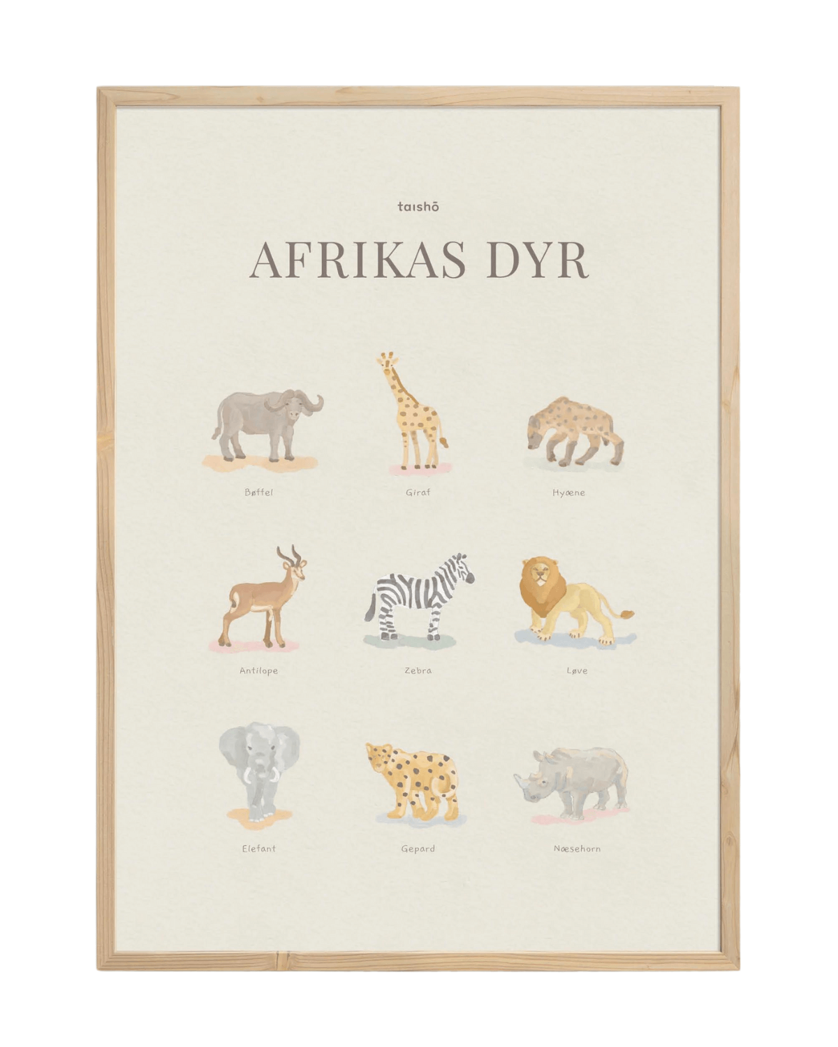 Fin børneplakat med illustrationer af afrikanske dyr på rolig lys baggrund i træramme.