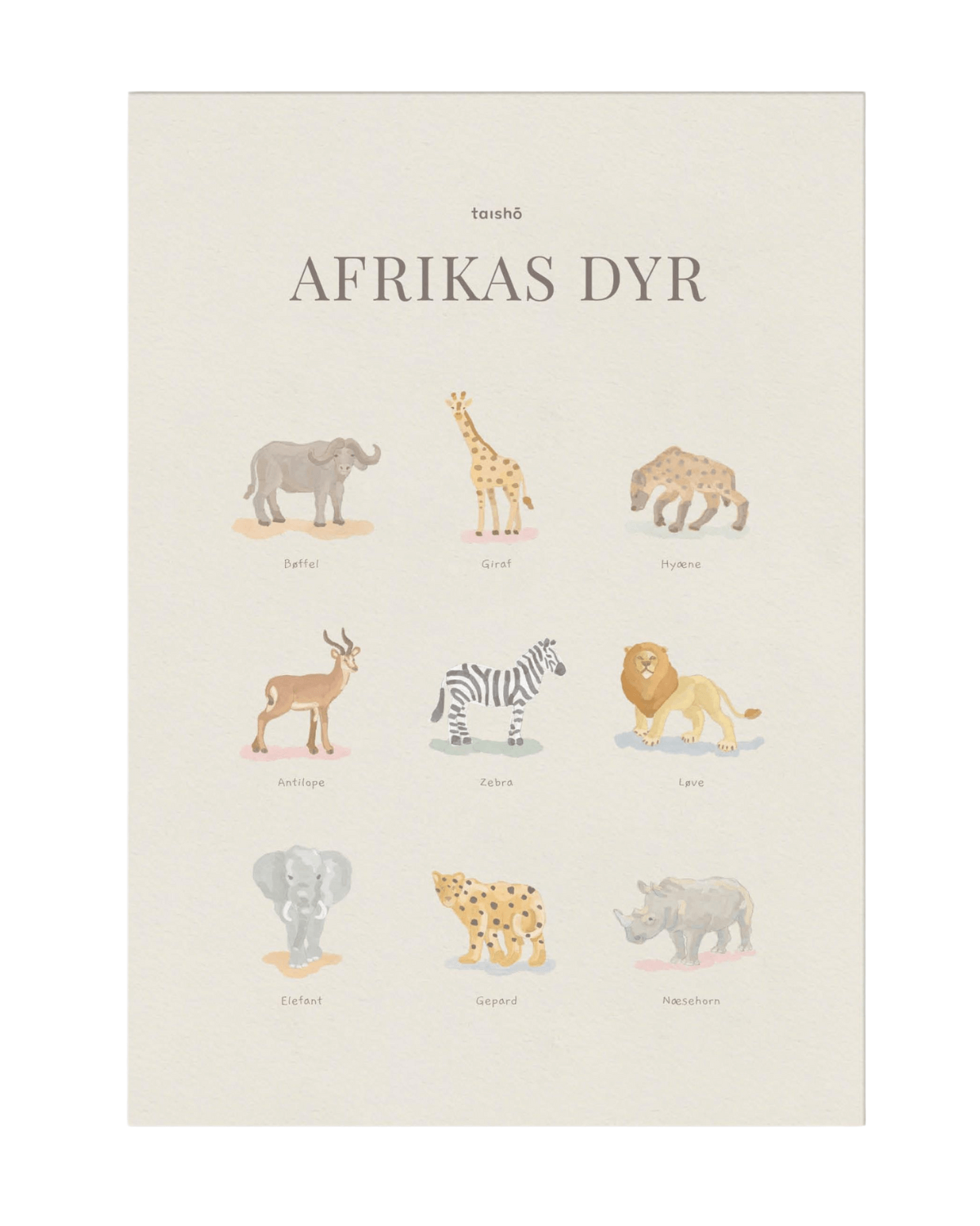 Plakat i A3 til børneværelset med malede illustrationer af afrikanske dyr fra taisho