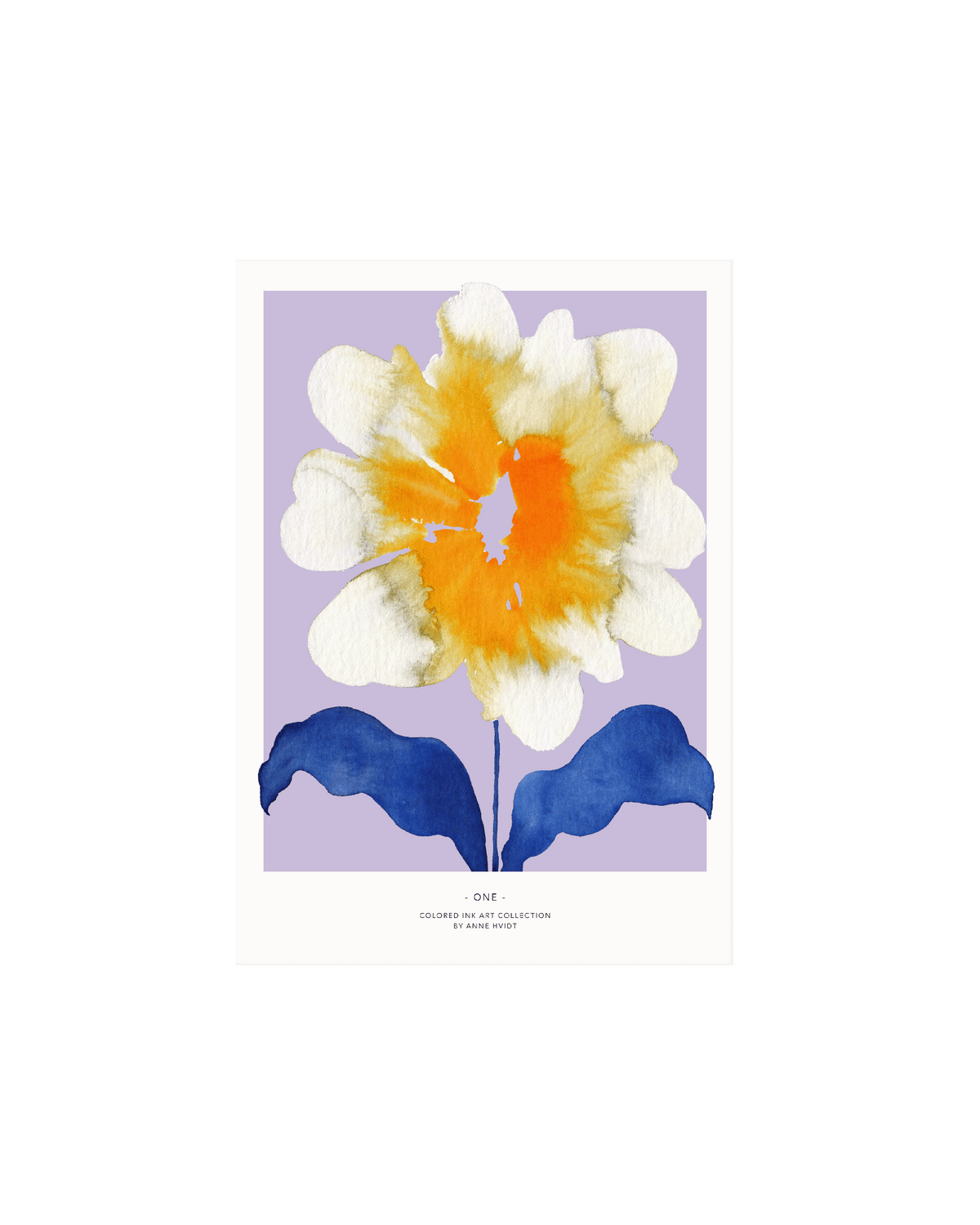 A5 kort med abstrakt hvid og orange blomst med marine blå blade på lilla baggrund. 
