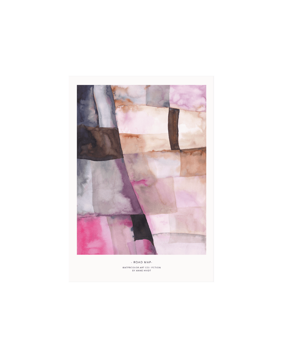 kunstkort i A5 af værket Road Map i organiske firkanter i støvede beige, lilla og rosa farver. 