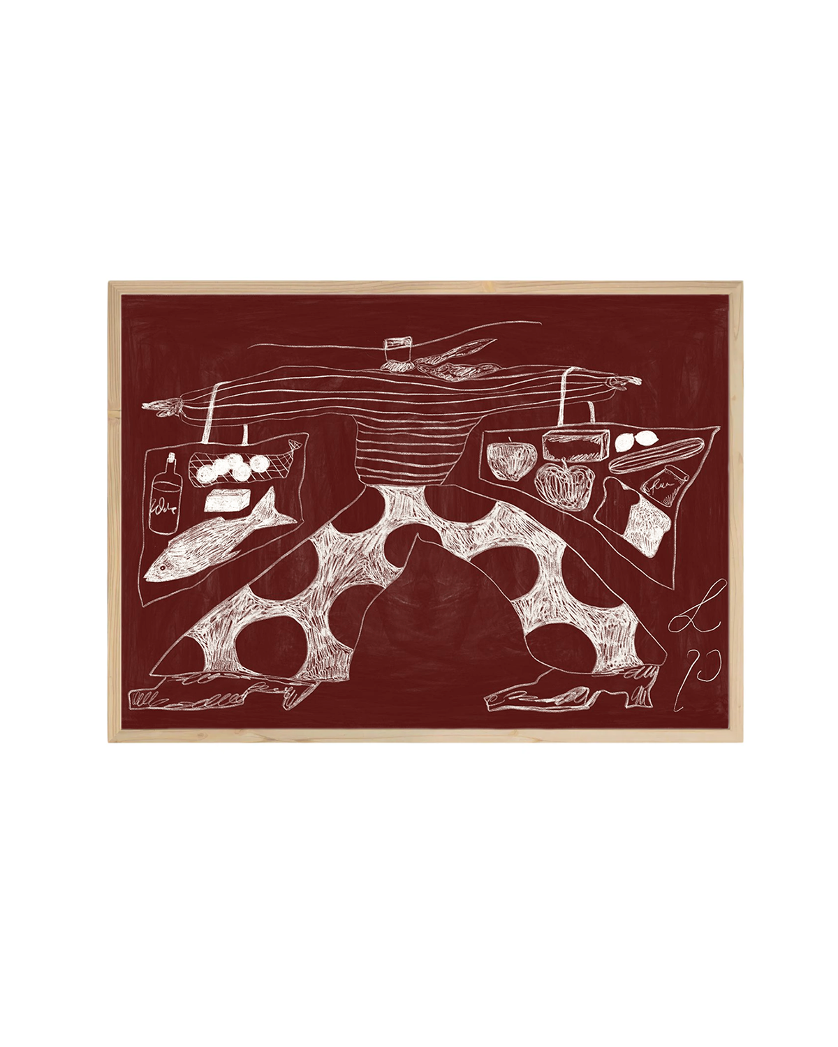 Plakat af mand på shoppetur i rød og hvid