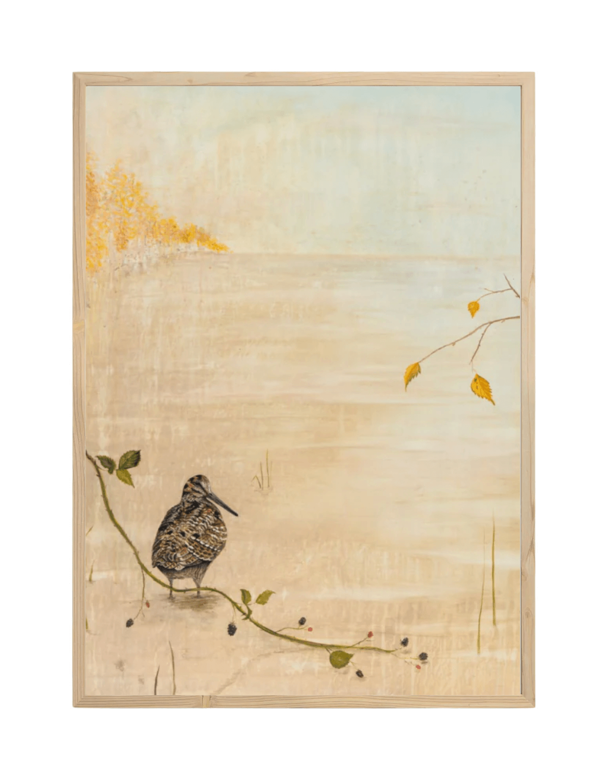 Kunsttryk af en sneppe der sidder og kigger ud i et efterårslandskab i lyse fersken farver. 