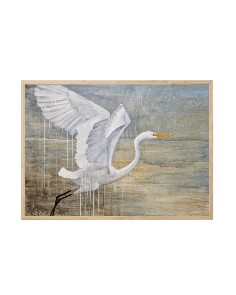 Malede kunsttryk af hvid sølvhejre sætter af og klar til at flyve. abstract baggrund i beige og blå toner. 