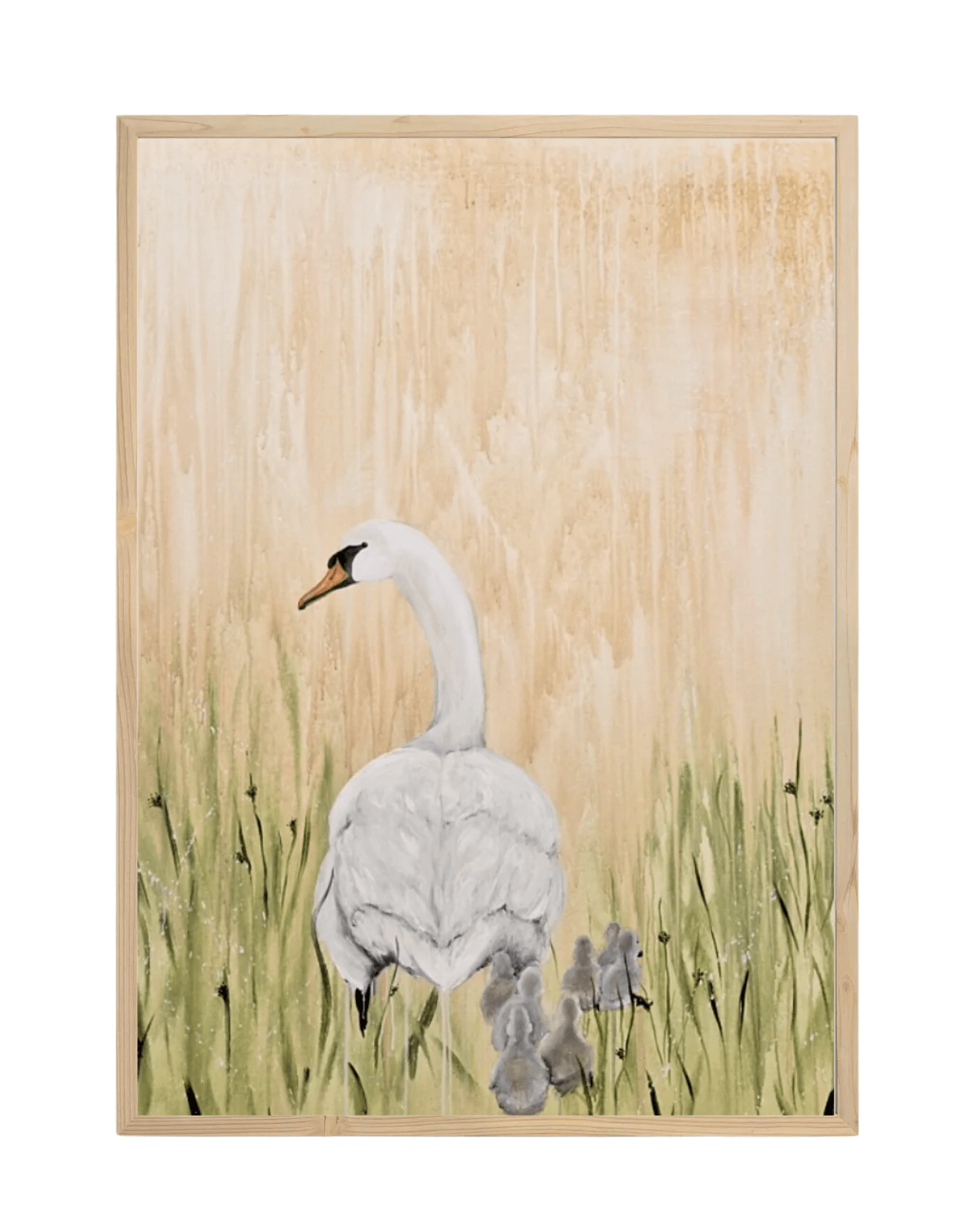 Kunsttryk i lys træramme af svane mor med sine grå ællinger. 