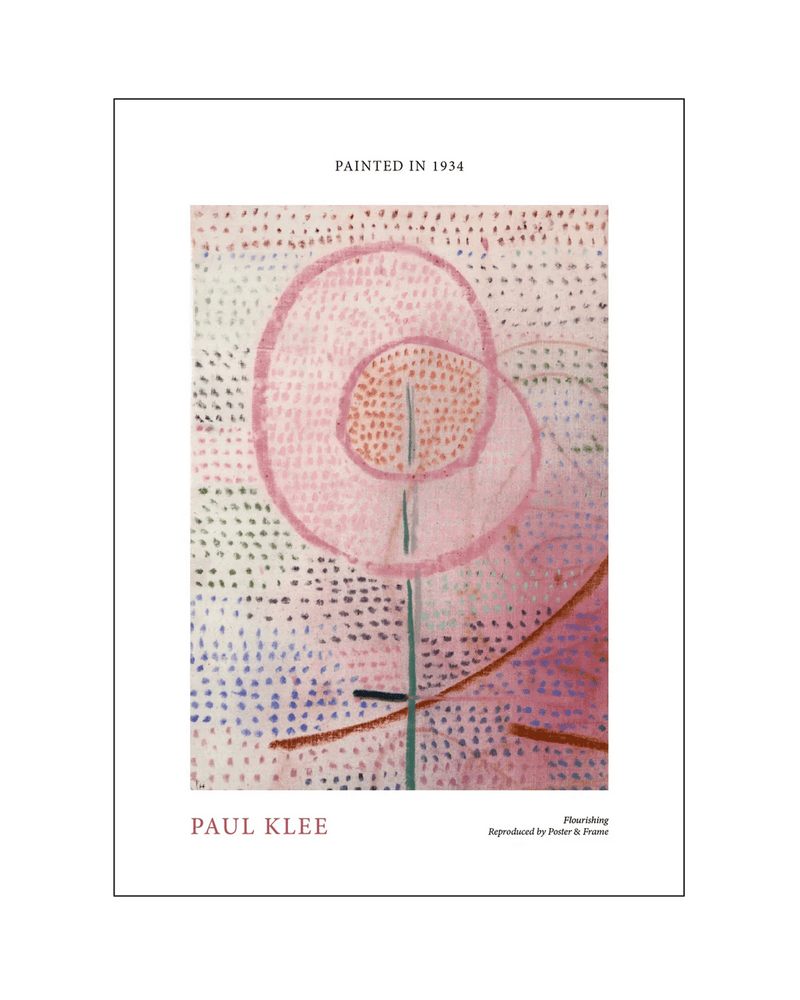 Tryk af Paul Klees maleri Flourishing i pink og lyse nuancer der forstiller en abstrakt blomst. 