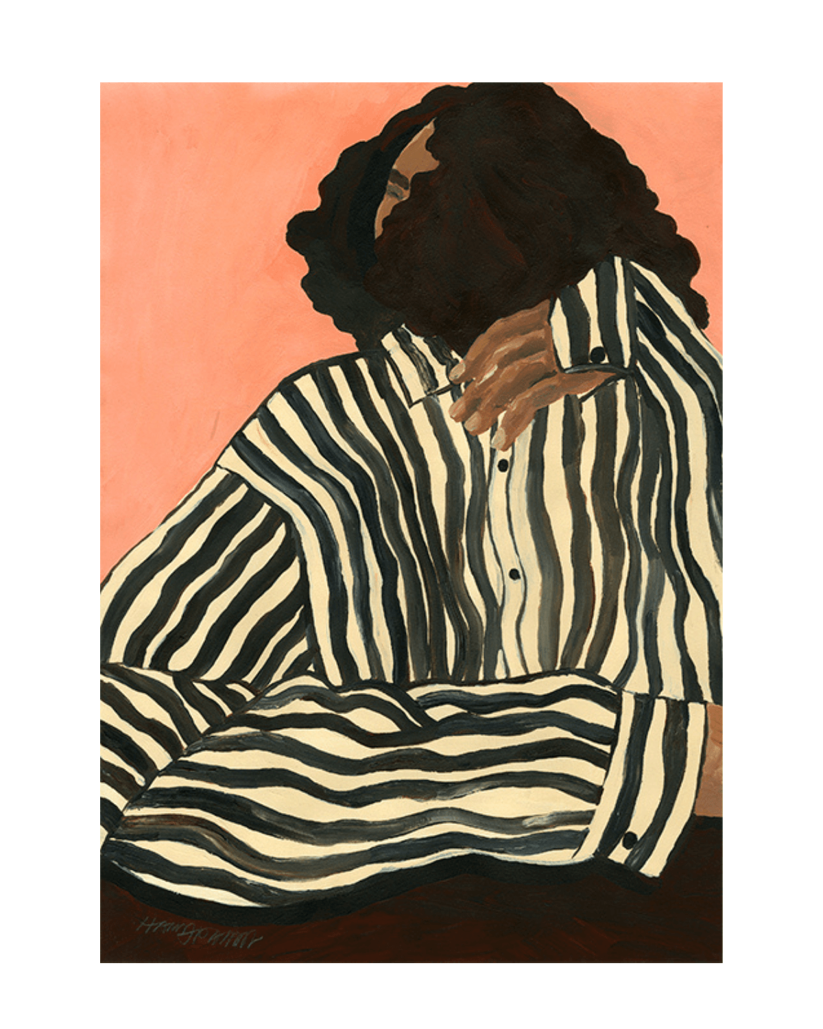 Tryk med illustreret person i stribet tøj der hviler og kigger til siden. lys orange malet baggrund.