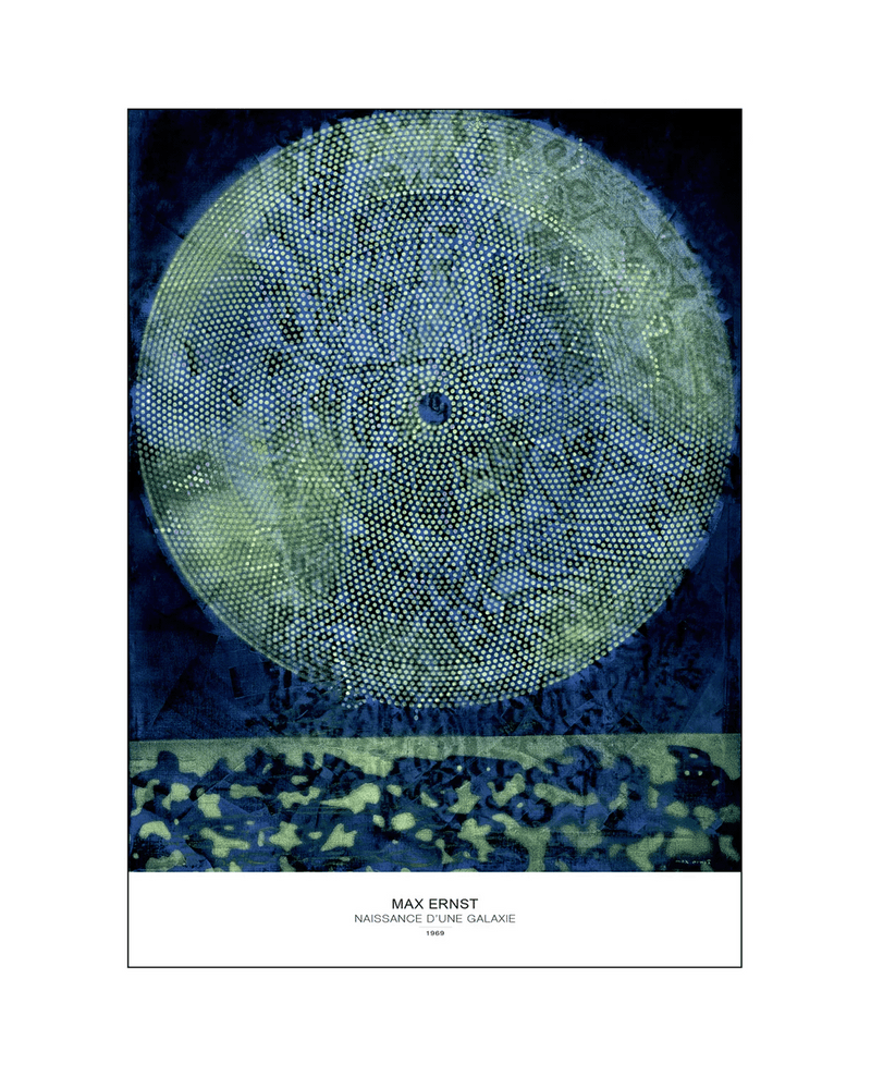 kunsttryk med abstrakt måne i dybe blå og grønne farver, som giver et indtryk af galaxen og det ydre rum. - plakat fra poster and frame