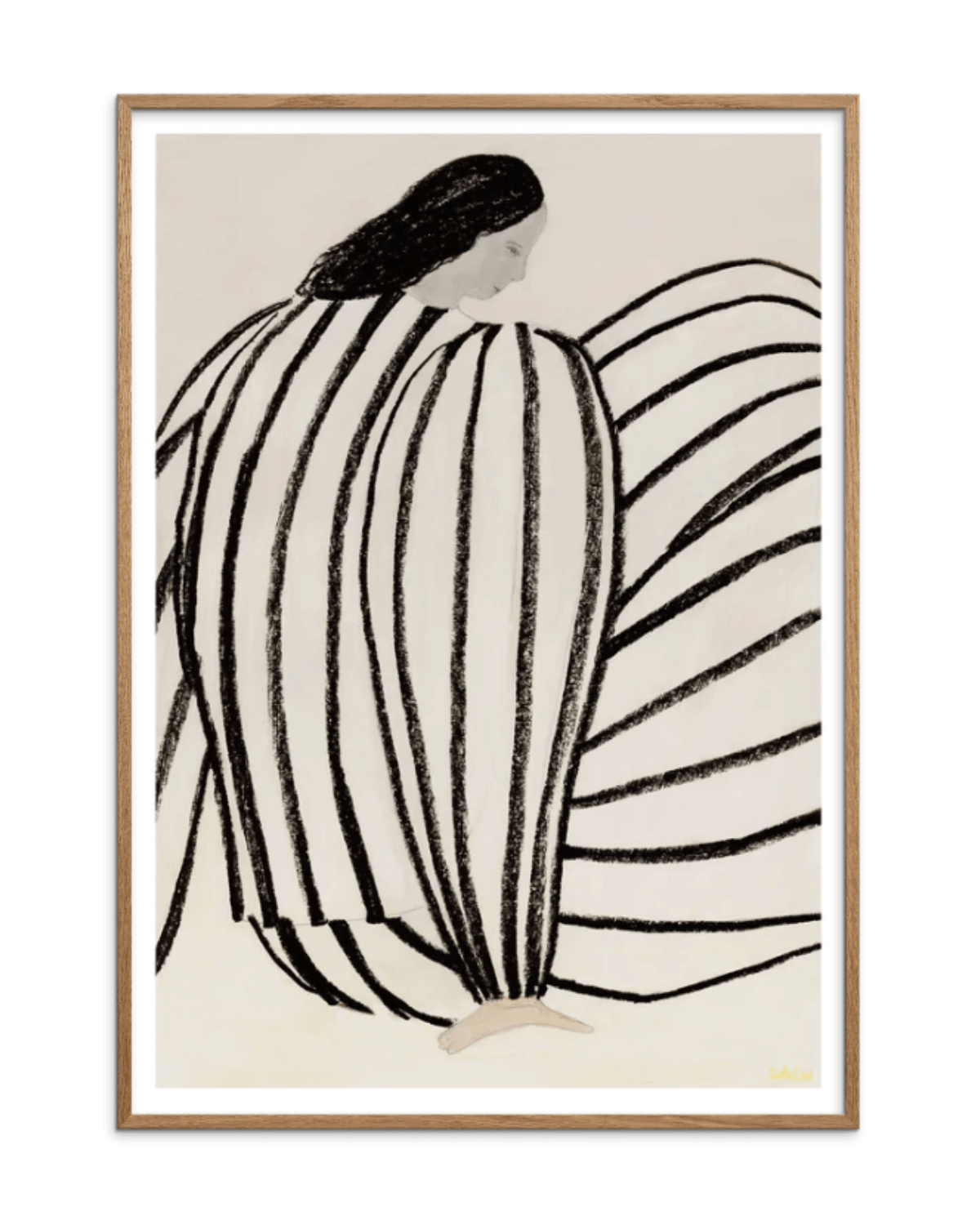 Plakat med Sofia Linds illustration You, hvor en sorthåret kvinde sidder med siden til og har et enkelt og elegant stribet outfit på. 