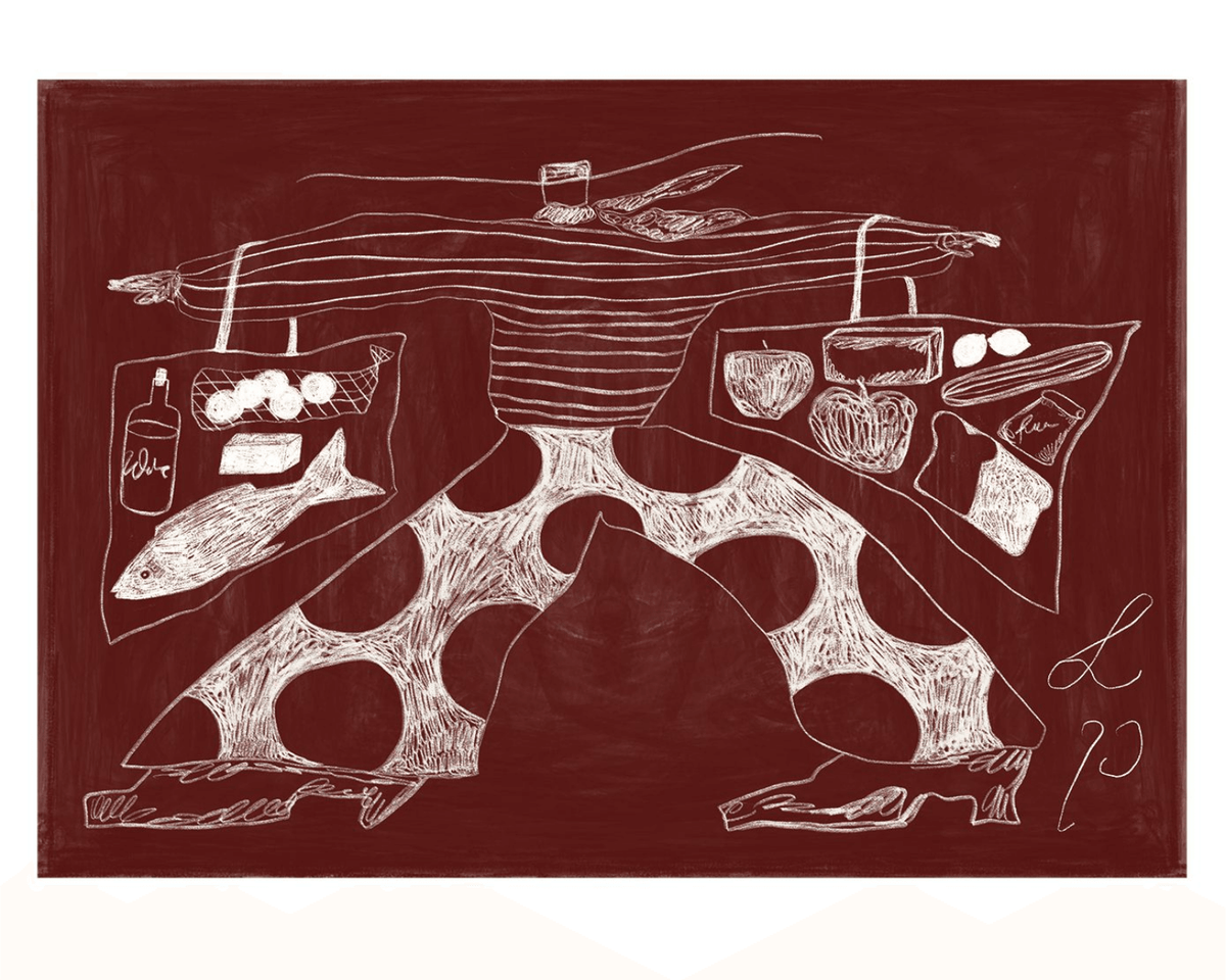 Mand med hat og prikkede bukser på shoppetur, tegnet med hvid på mørkerød baggrund