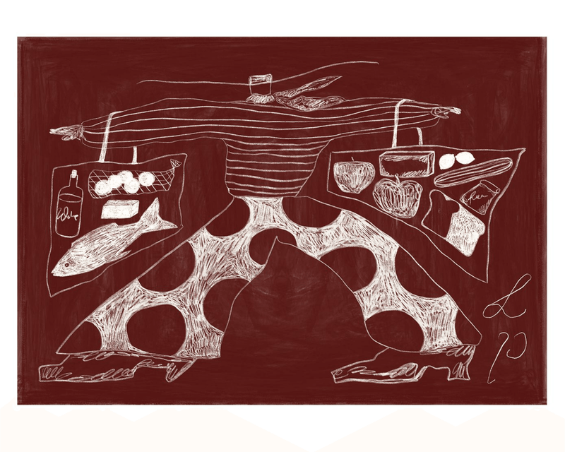 Mand med hat og prikkede bukser på shoppetur, tegnet med hvid på mørkerød baggrund