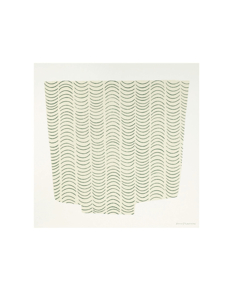 Grafisk mønster i grønt på lys baggrund på kvadratisk plakat. 