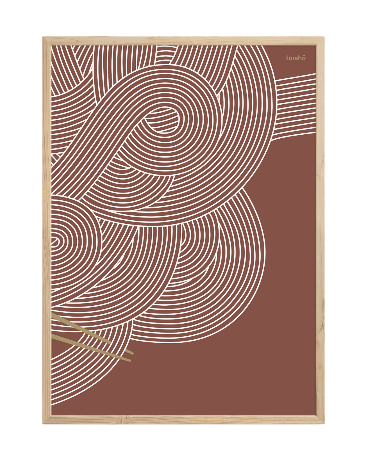 Kunsttryk fra Taisho - Udon 2, i Bordeaux med hvide streger der på en grafisk og enkel måde ligner nudler. Nudlerne bliver samlet op af to spisepinde.