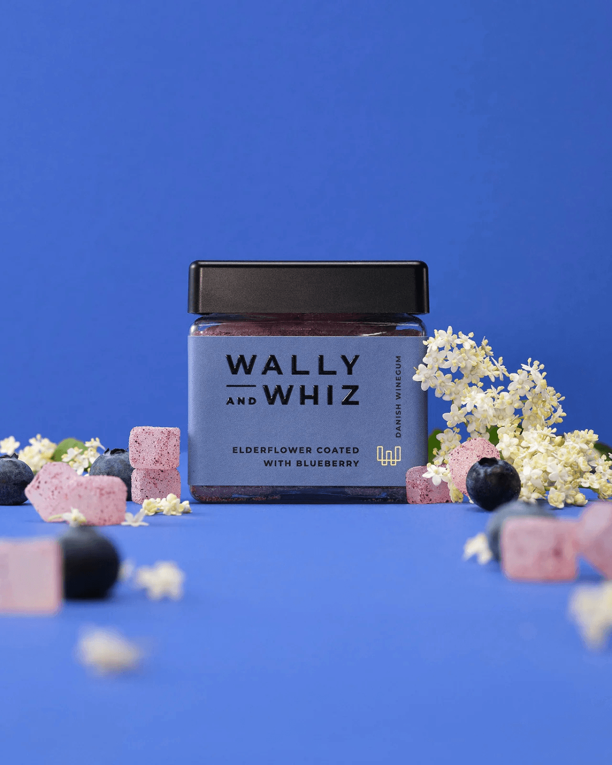 Vegank vingummi med hyldeblomst med blåbær pulver fra Wally and whiz