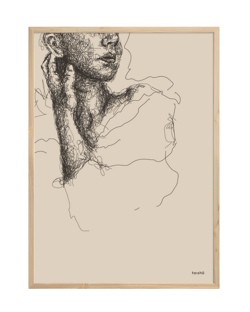 Plakat Vintermorgen fra Taisho med stregtegnet motiv af kvinde, tegnet med sort på beige baggrund, indrammet i egetræsramme